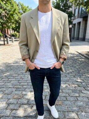 Vintage Hunt Club Beige Microcheck Wool Blend Blazer Men’s 40 Preppy Academia